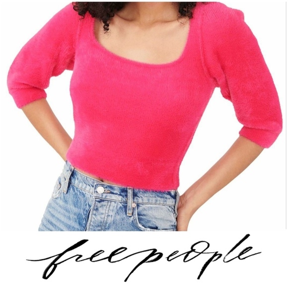 🆕️Free People Moonbeam Cropped Boho-Chic Sweater Raspberry Pop Pink SZ Medium - Picture 14 of 14
